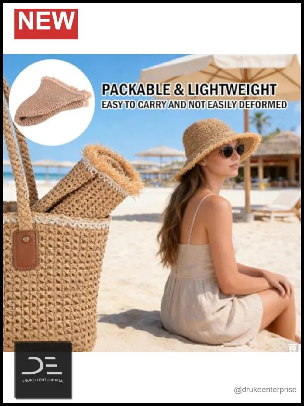 Straw Bucket Sun Hat, Packable Floppy Wide Brim Beach Hat with Adjustable